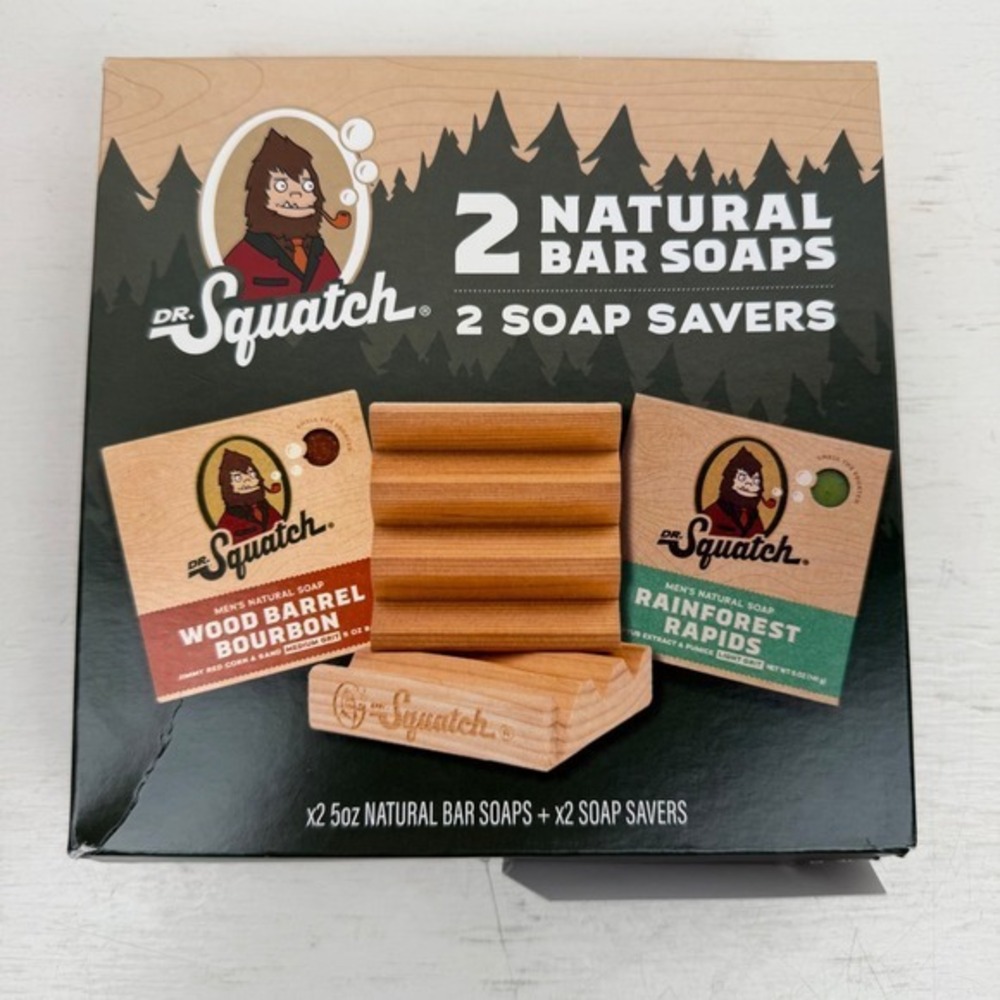 Dr. Squatch Natural Bar Soap Set Wood Barrel Bourbon Rainforest Rapids 2 Savers